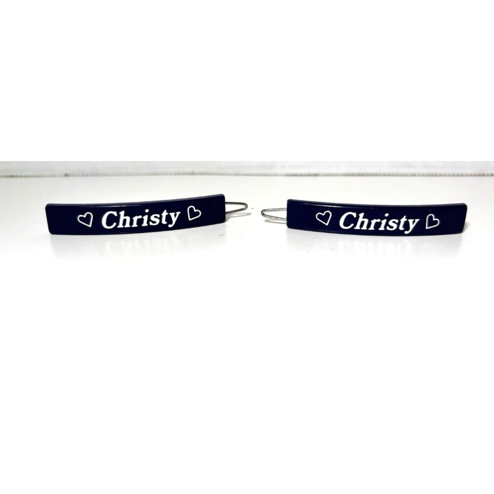 Vintage NAVY Blue White Hearts Barrettes Hair Clips Personalized Christy Y2K